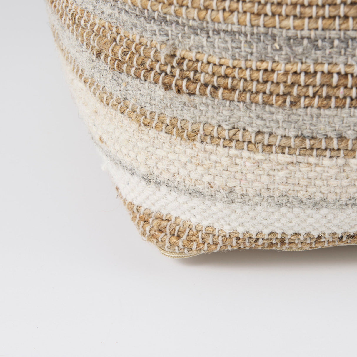 Aahana White/Taupe/Gray Striped Hemp and Cotton Pouf by Mercana at Eve Furniture