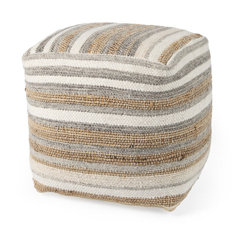 Aahana White/Taupe/Gray Striped Hemp and Cotton Pouf by Mercana at Eve Furniture