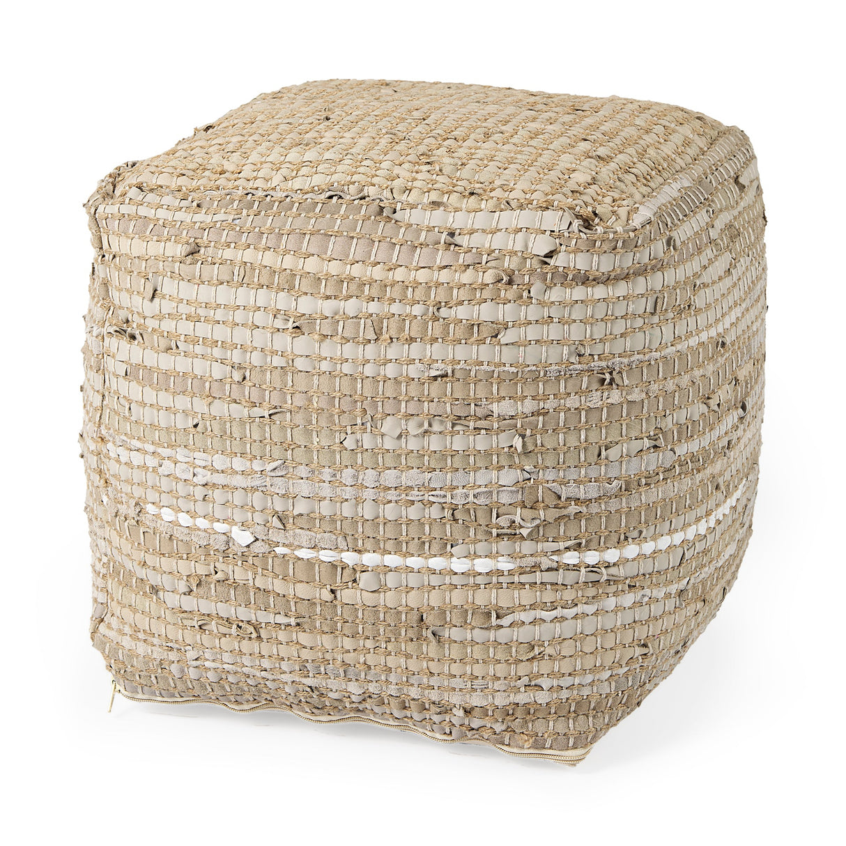 Aalia 16.0L x 16.0W x 16.0H Beige Leather and Jute Pouf by Mercana at Eve Furniture