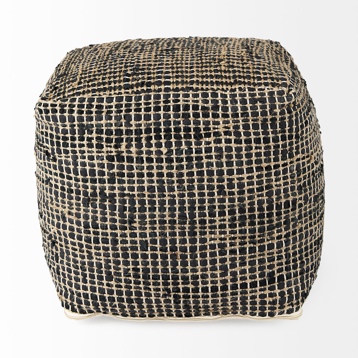 Aalia 16.0L x 16.0W x 16.0H Charcoal Leather and Jute Pouf by Mercana at Eve Furniture