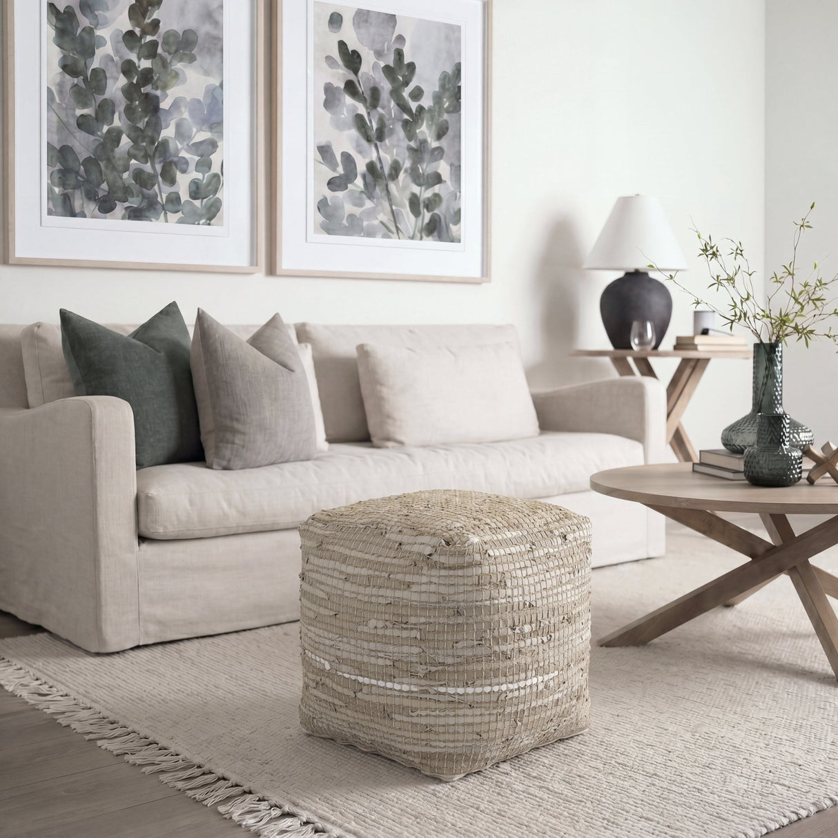 Aalia Beige Leather and Jute Pouf by Mercana at Eve Furniture