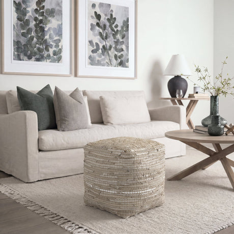 Aalia Beige Leather and Jute Pouf by Mercana at Eve Furniture