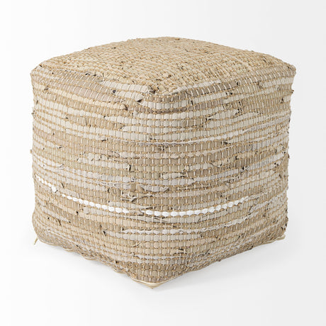 Aalia Beige Leather and Jute Pouf by Mercana at Eve Furniture