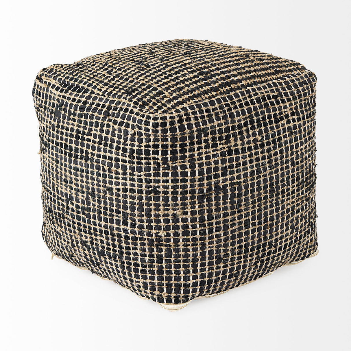Aalia Charcoal Leather and Jute Pouf by Mercana at Eve Furniture