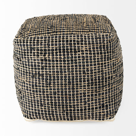 Aalia Charcoal Leather and Jute Pouf by Mercana at Eve Furniture