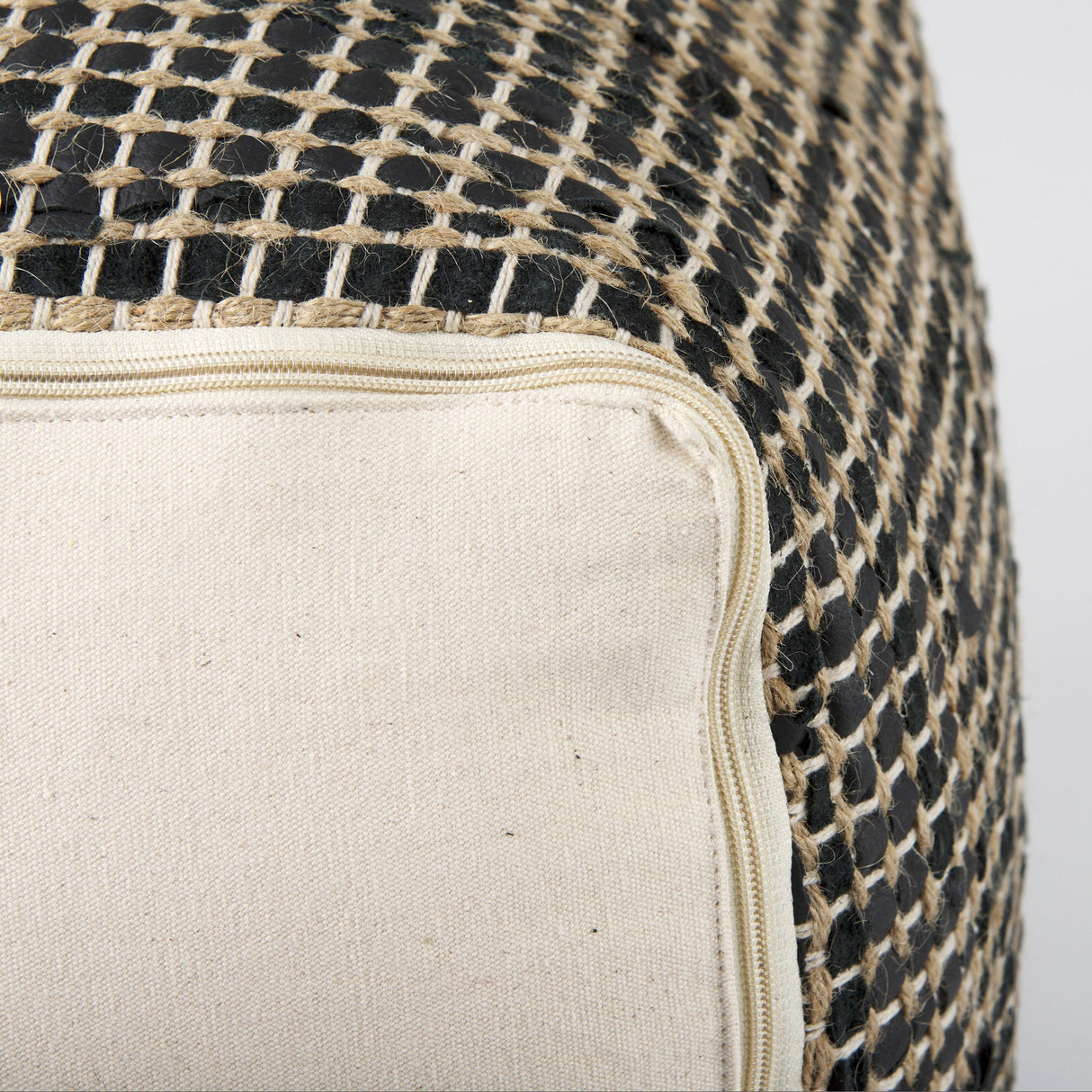 Aalia Charcoal Leather and Jute Pouf by Mercana at Eve Furniture