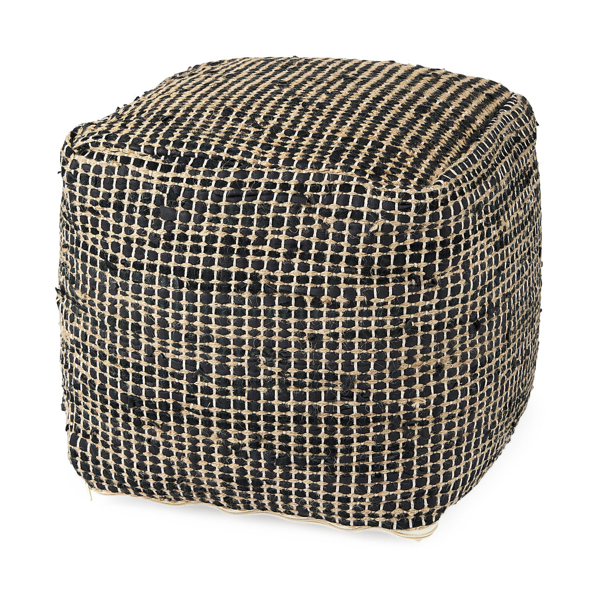Aalia Charcoal Leather and Jute Pouf by Mercana at Eve Furniture