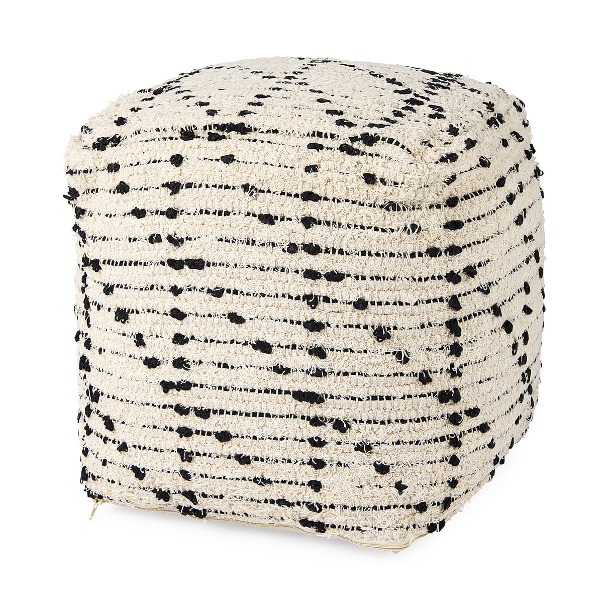 Aarohi 16.0L x 16.0W x 16.0H Cream/Black Cotton Patterned Pouf by Mercana at Eve Furniture