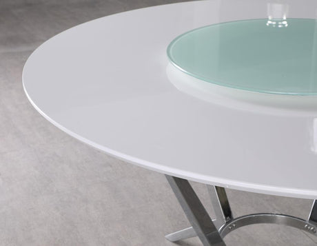 Abby White/Chrome Round Dining Table with Lazy Susan by Coaster at Eve Furniture
