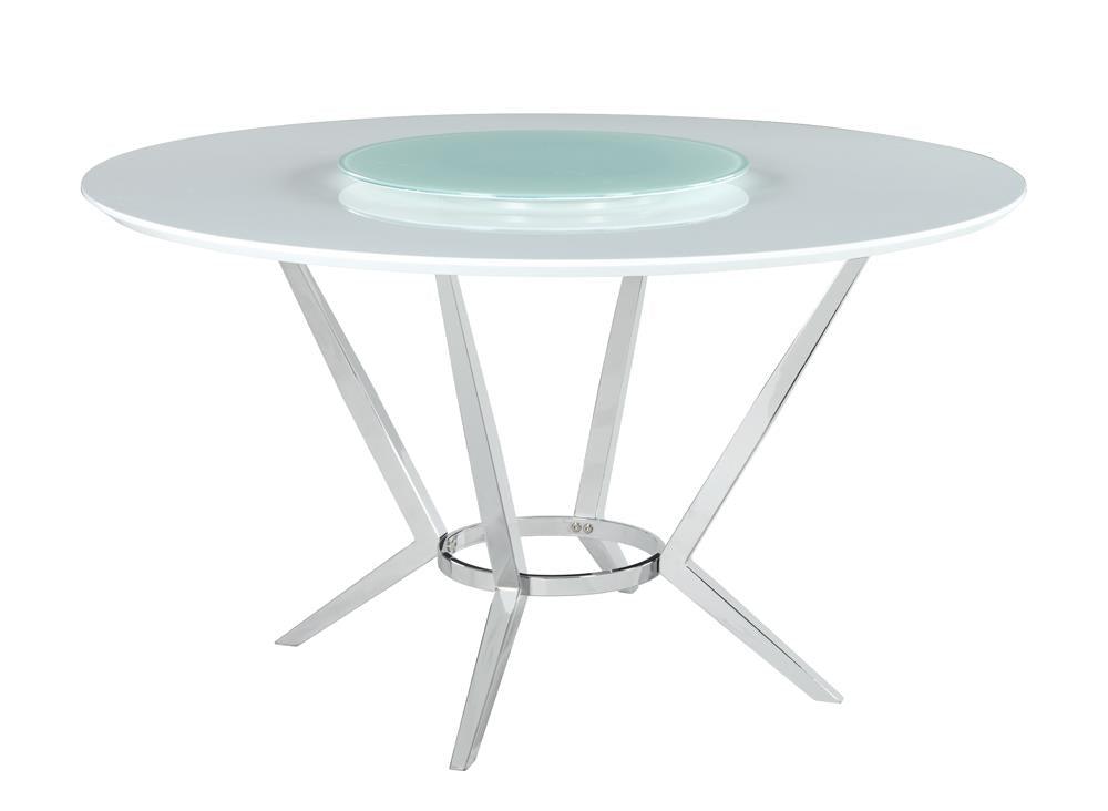 Abby White/Chrome Round Dining Table with Lazy Susan by Coaster at Eve Furniture