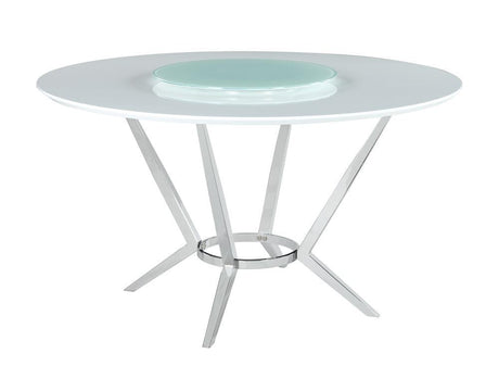Abby White/Chrome Round Dining Table with Lazy Susan by Coaster at Eve Furniture