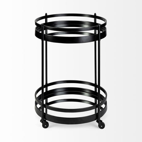 Ada Round Shape Black Metal Frame Two-Tier w/Glass Shelf Bar Cart by Mercana at Eve Furniture