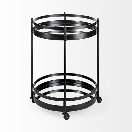 Ada Round Shape Black Metal Frame Two-Tier w/Glass Shelf Bar Cart by Mercana at Eve Furniture