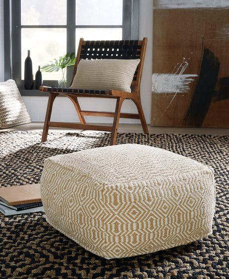 Adamont Tan/Ivory Pouf by Ashley at Eve Furniture