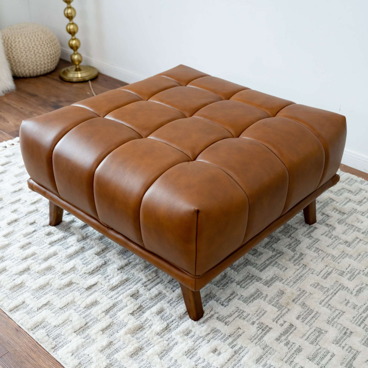 Kano Cognac Leather Square Upholstered Ottoman