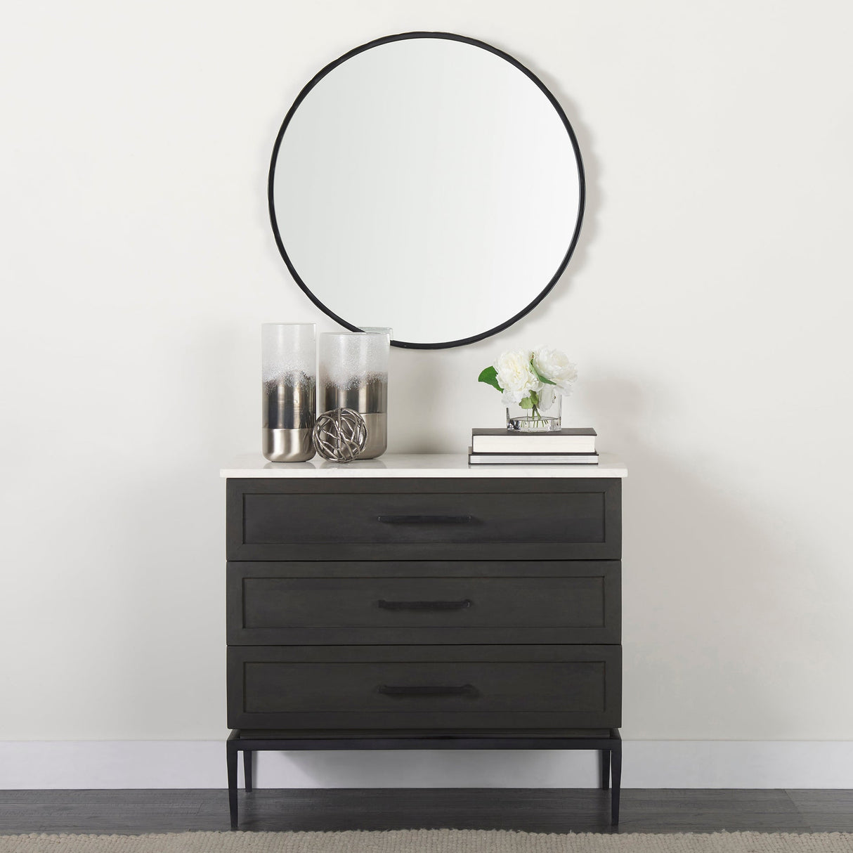 Adelaide Black Metal Scallop Edge Round Mirror by Mercana at Eve Furniture