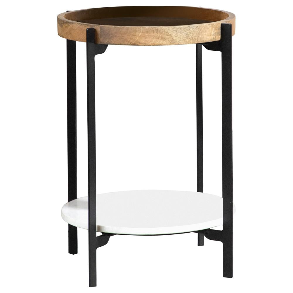 Adhvik Natural/Black Round Accent Table with Marble Shelf