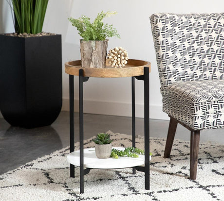 Adhvik Natural/Black Round Accent Table with Marble Shelf