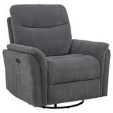 Adler Charcoal Gray Upholstered Power Swivel Glider Recliner by Coaster at Eve Furniture