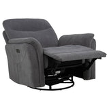 Adler Charcoal Gray Upholstered Power Swivel Glider Recliner by Coaster at Eve Furniture