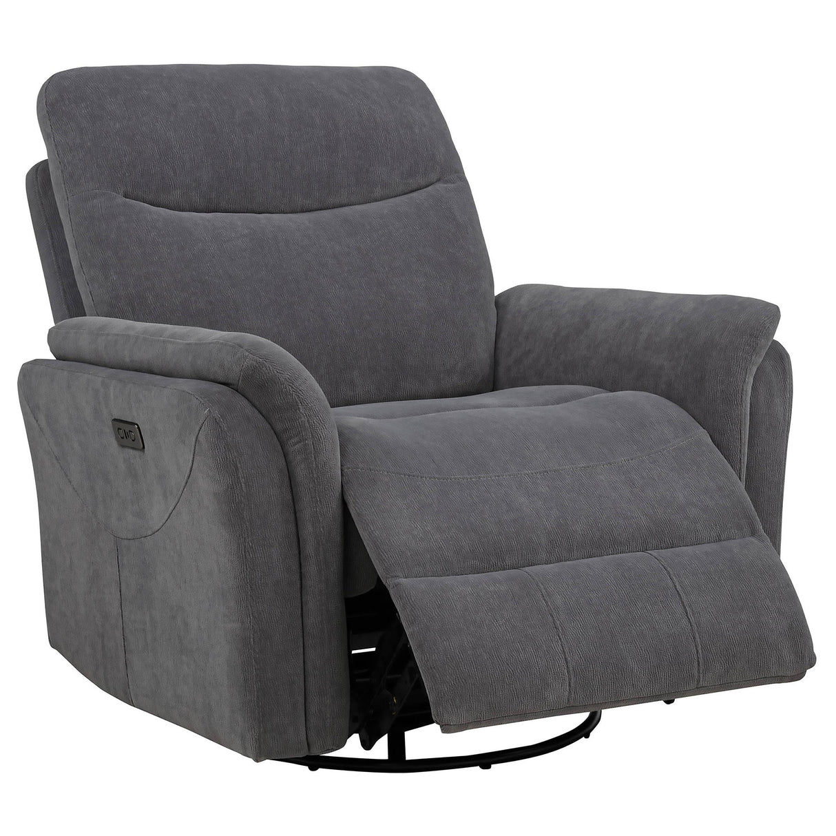 Adler Charcoal Gray Upholstered Power Swivel Glider Recliner by Coaster at Eve Furniture