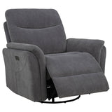 Adler Charcoal Gray Upholstered Power Swivel Glider Recliner by Coaster at Eve Furniture