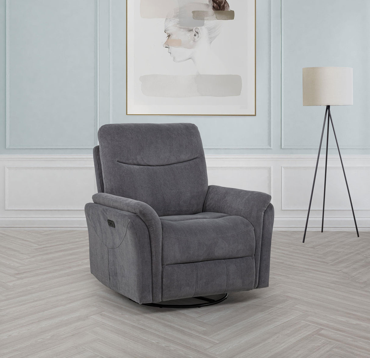 Adler Charcoal Gray Upholstered Power Swivel Glider Recliner by Coaster at Eve Furniture