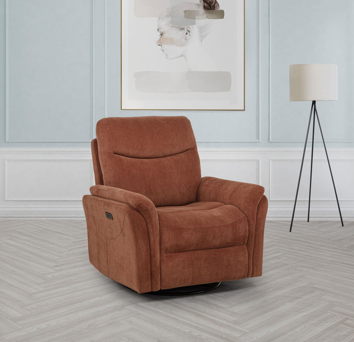 Adler Rust Upholstered Power Swivel Glider Recliner by Coaster at Eve Furniture