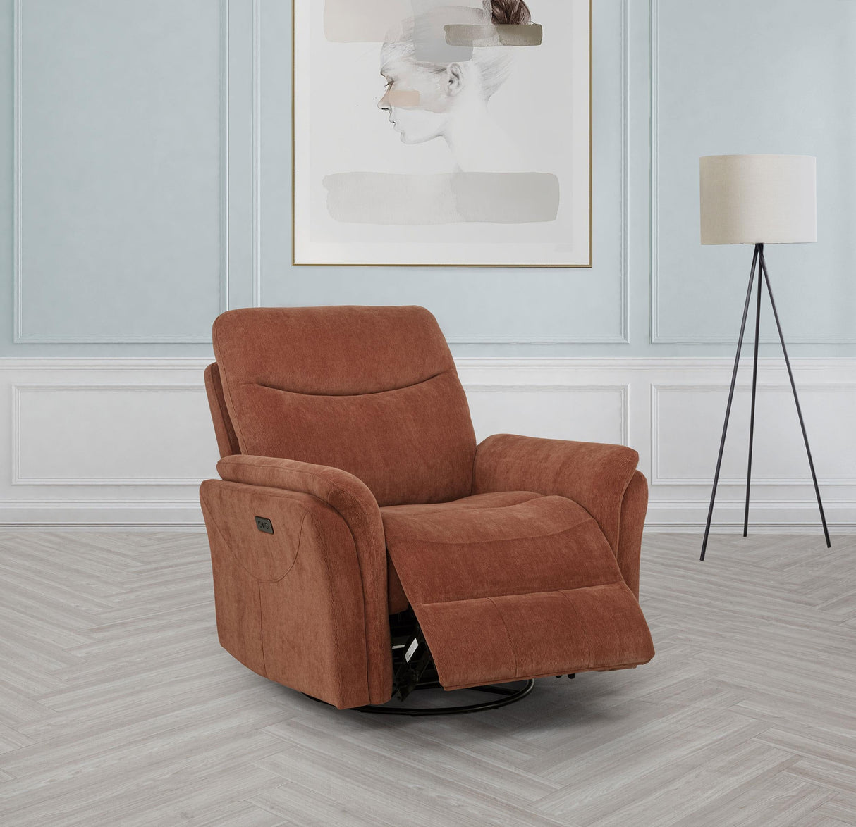 Adler Rust Upholstered Power Swivel Glider Recliner by Coaster at Eve Furniture