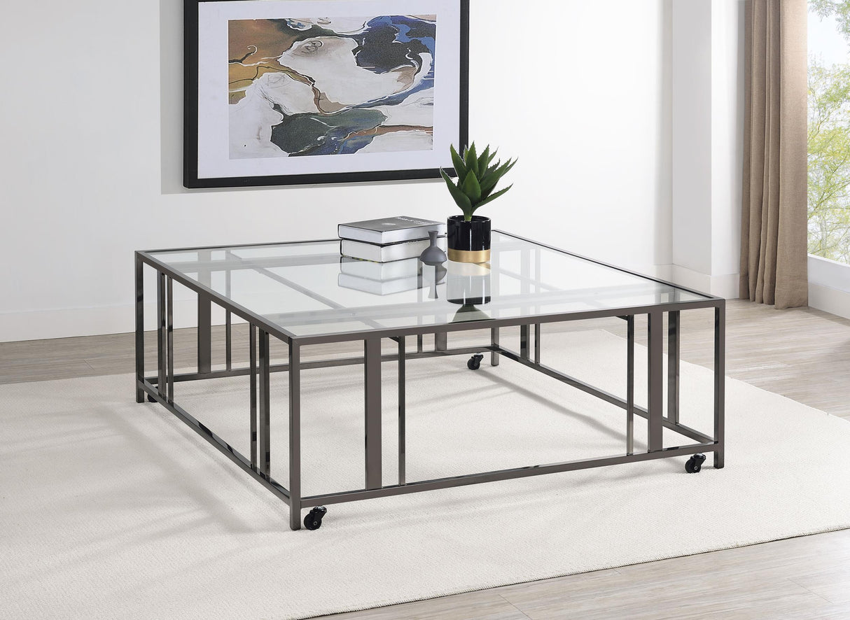 Adri Black Nickel Square Glass Top Coffee Table with Casters by Coaster at Eve Furniture