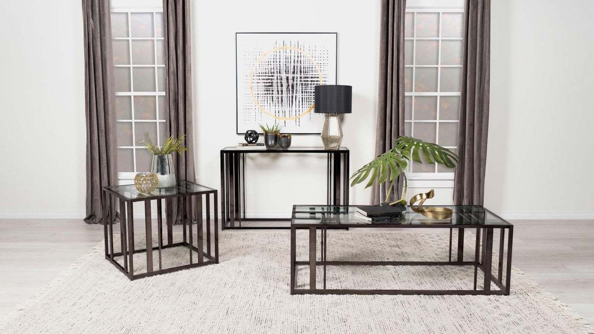 Adri Clear and Black Nickel Rectangular Glass Top Sofa Table by Coaster at Eve Furniture