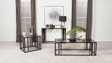 Adri Clear and Black Nickel Rectangular Glass Top Sofa Table by Coaster at Eve Furniture