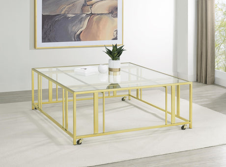 Adri Square Glass Top Coffee Table with Casters Matte Brass by Coaster at Eve Furniture