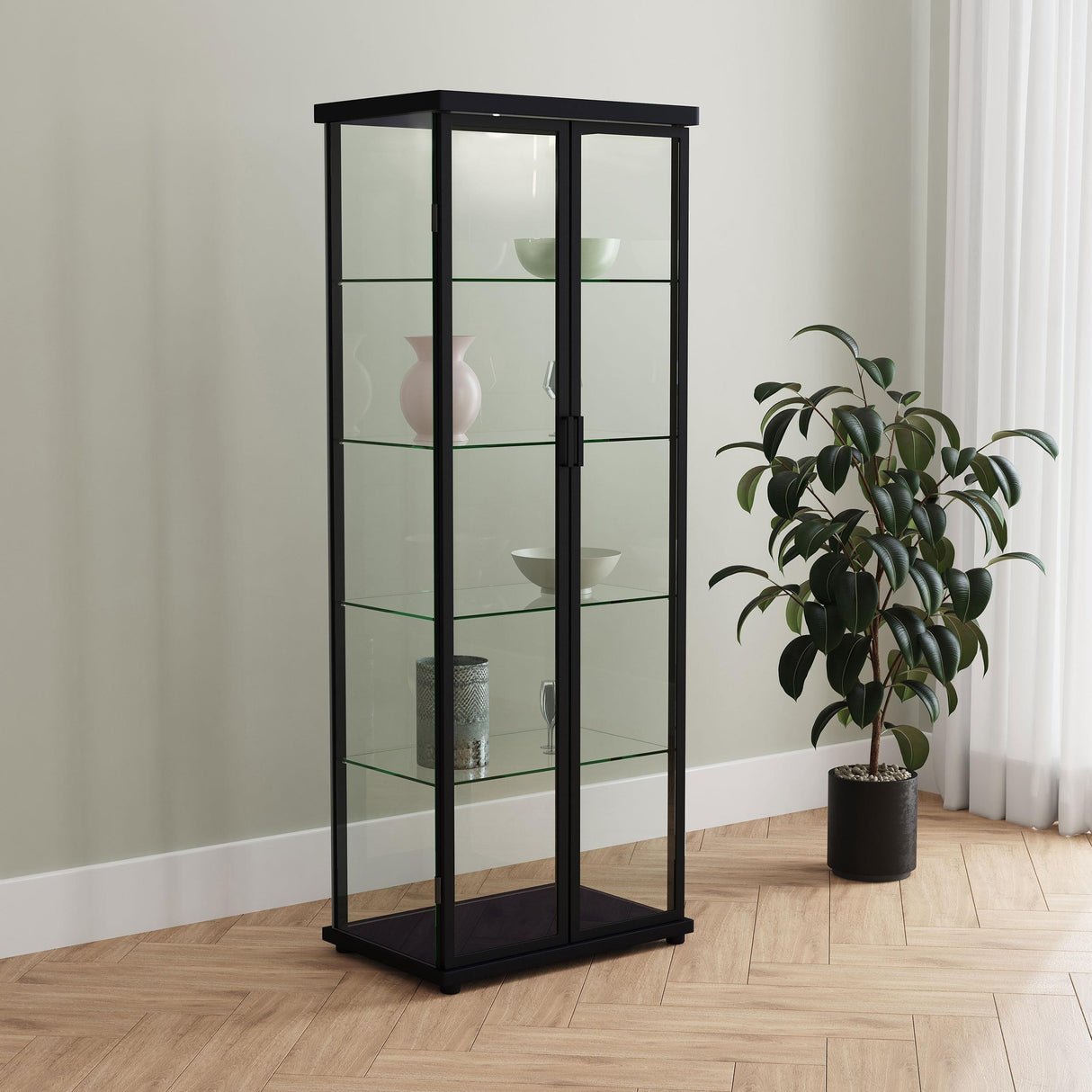 Aero 5-shelf Display Curio Cabinet with LED and Clear Tempered Glass Shelves Black by Coaster at Eve Furniture