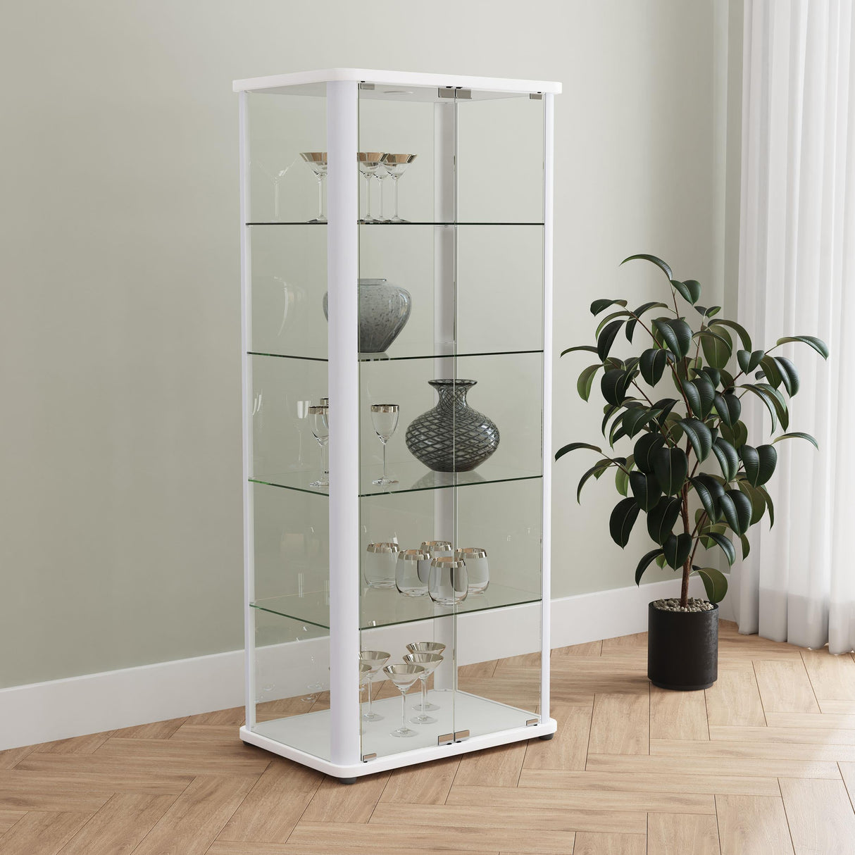 Aero 5-shelf Display Curio Cabinet with LED and Clear Tempered Glass Shelves Glossy White