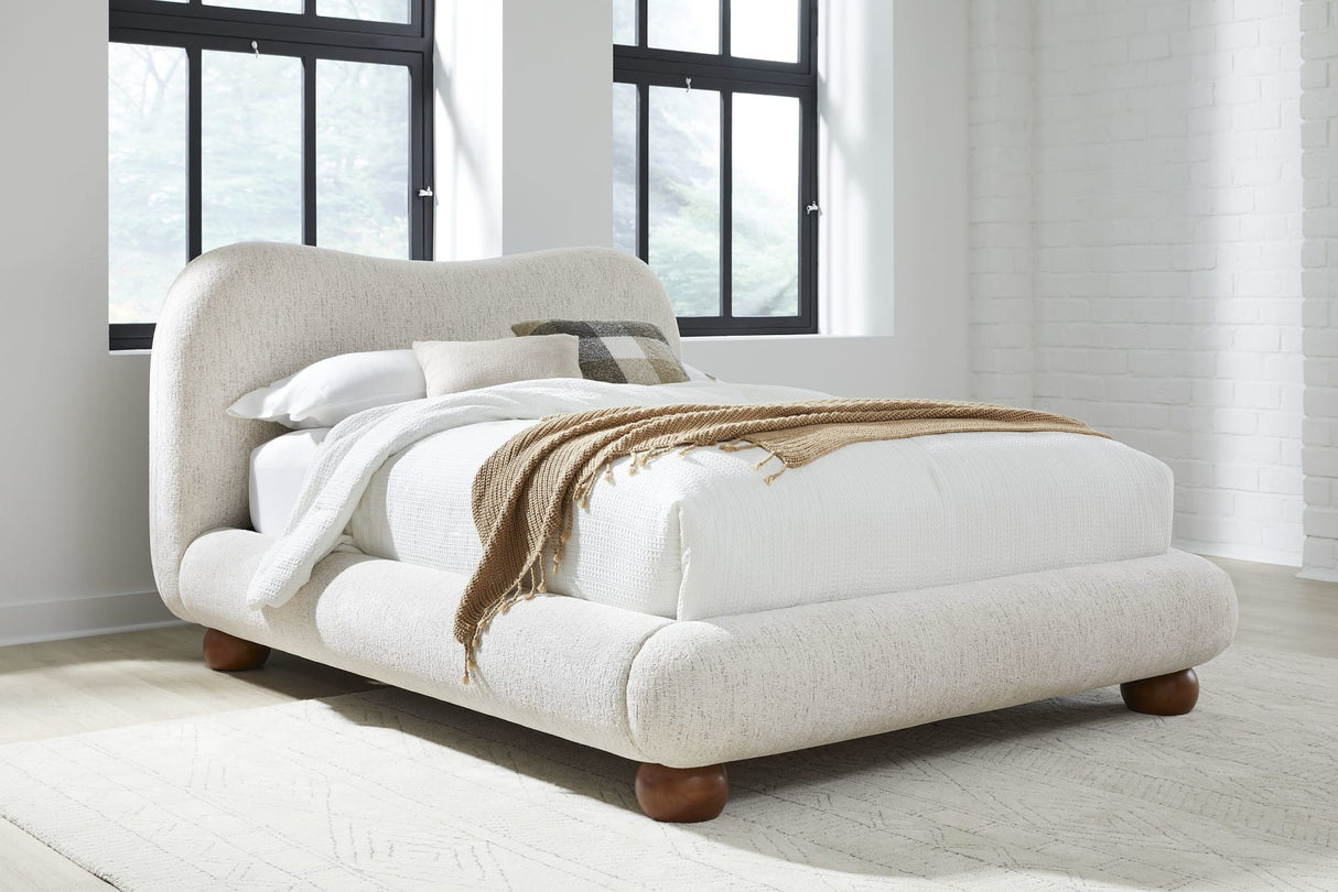 Afra Chinchilla Queen Chenille Upholstered Wood Leg Platform Bed by Modus Furniture at Eve Furniture