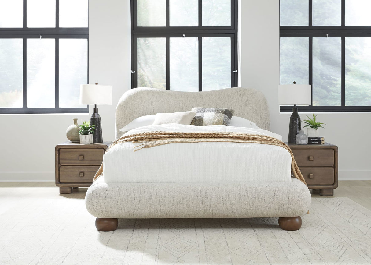Afra Chinchilla Queen Chenille Upholstered Wood Leg Platform Bed by Modus Furniture at Eve Furniture