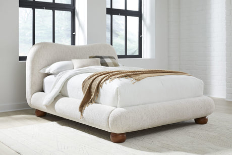 Afra Chinchilla Queen Chenille Upholstered Wood Leg Platform Bed by Modus Furniture at Eve Furniture