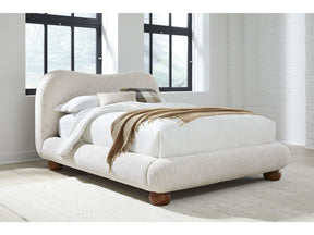 Afra Chinchilla Queen Chenille Upholstered Wood Leg Platform Bed by Modus Furniture at Eve Furniture