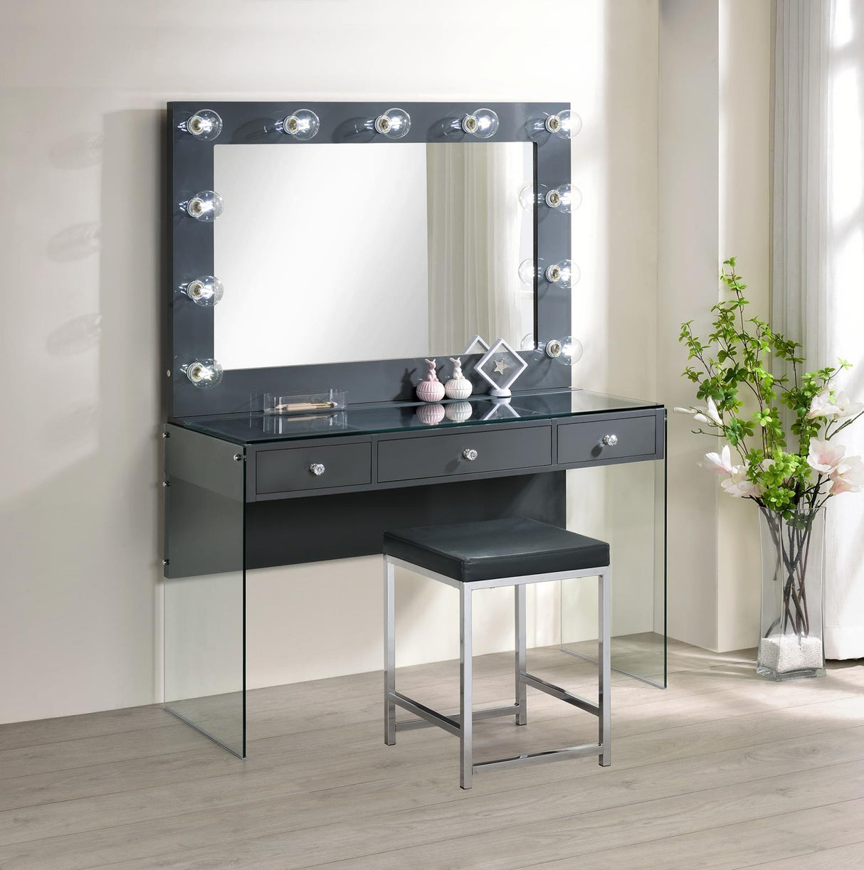 Afshan 3-Drawer Vanity Desk with Lighting Mirror Gray High Gloss