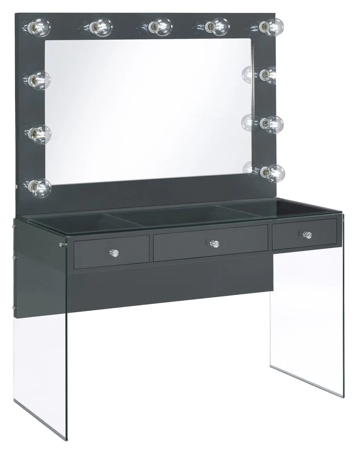 Afshan Gray High Gloss 3-Drawer Vanity Desk with Lighting Mirror by Coaster at Eve Furniture