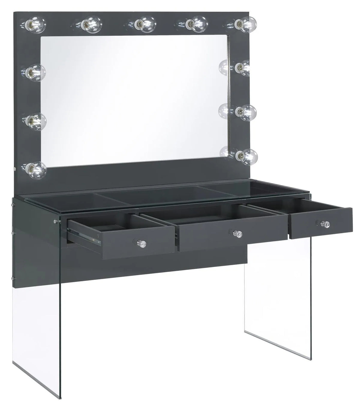 Afshan Gray High Gloss 3-Drawer Vanity Desk with Lighting Mirror by Coaster at Eve Furniture
