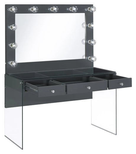 Afshan Gray High Gloss 3-Drawer Vanity Desk with Lighting Mirror by Coaster at Eve Furniture