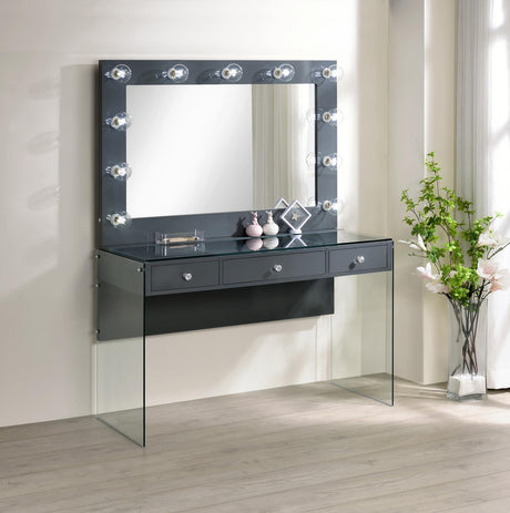 Afshan Gray High Gloss 3-Drawer Vanity Desk with Lighting Mirror by Coaster at Eve Furniture