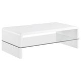 Airell White High Gloss Rectangular Coffee Table with Glass Shelf by Coaster at Eve Furniture