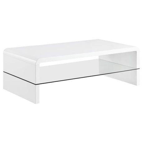 Airell White High Gloss Rectangular Coffee Table with Glass Shelf by Coaster at Eve Furniture