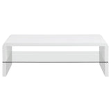 Airell White High Gloss Rectangular Coffee Table with Glass Shelf by Coaster at Eve Furniture
