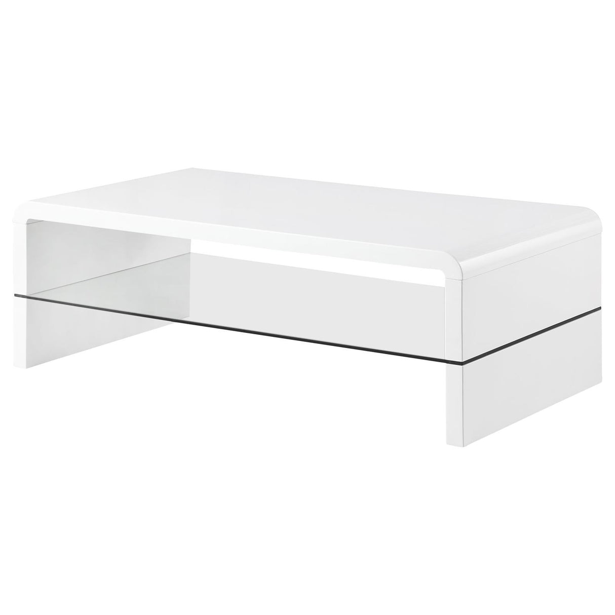 Airell White High Gloss Rectangular Coffee Table with Glass Shelf by Coaster at Eve Furniture