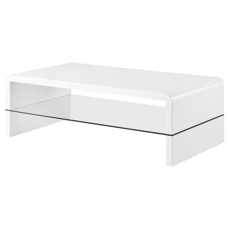 Airell White High Gloss Rectangular Coffee Table with Glass Shelf by Coaster at Eve Furniture