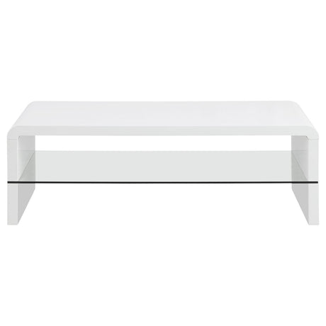 Airell White High Gloss Rectangular Coffee Table with Glass Shelf by Coaster at Eve Furniture